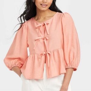 a new day peach/coral Elbow Sleeve Peplum Tie-Front Blouse sz L NWT